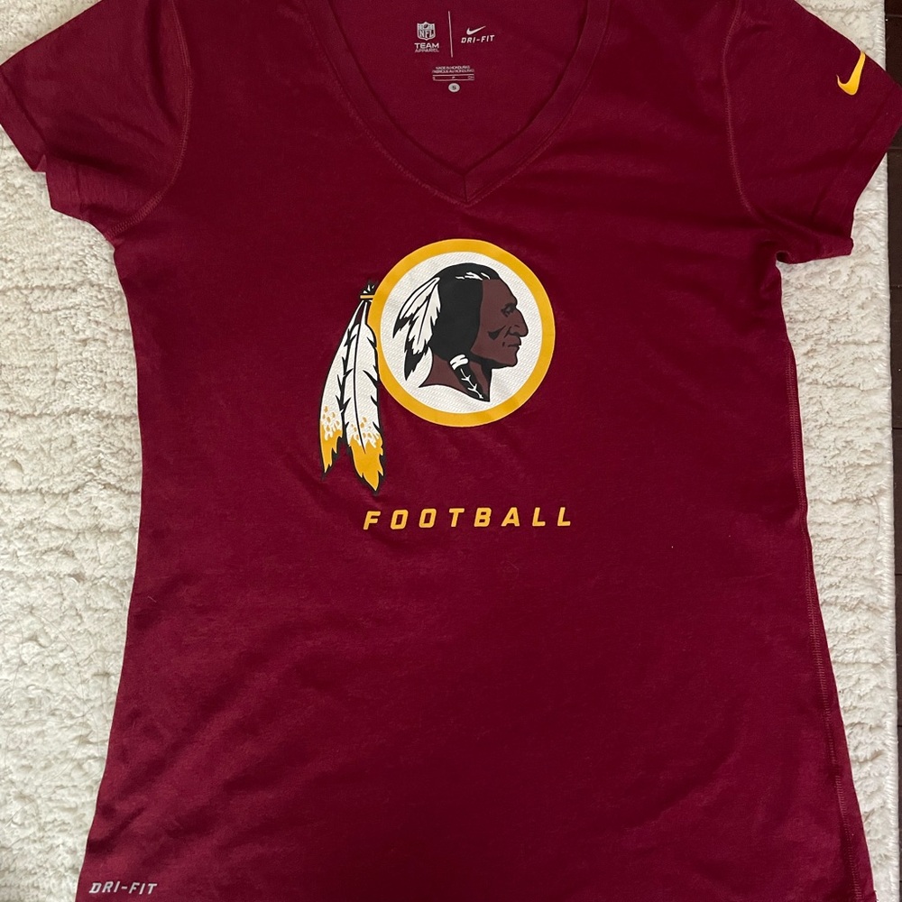 Nike Women's Maroon and Yellow Football Logo V‑Neck Tee